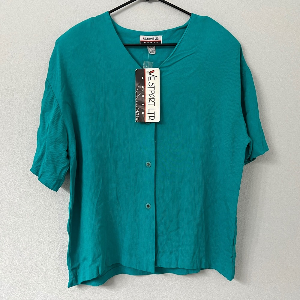 Vtg Westport Ltd Womens 14/16W Teal Rayon Button Front Blouse Short Sleeve 90s